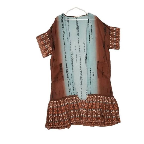 Soft Surroundings Women's Robe Cover Up Sheer Boho Embroidered Open Brown Blue - Picture 1 of 12